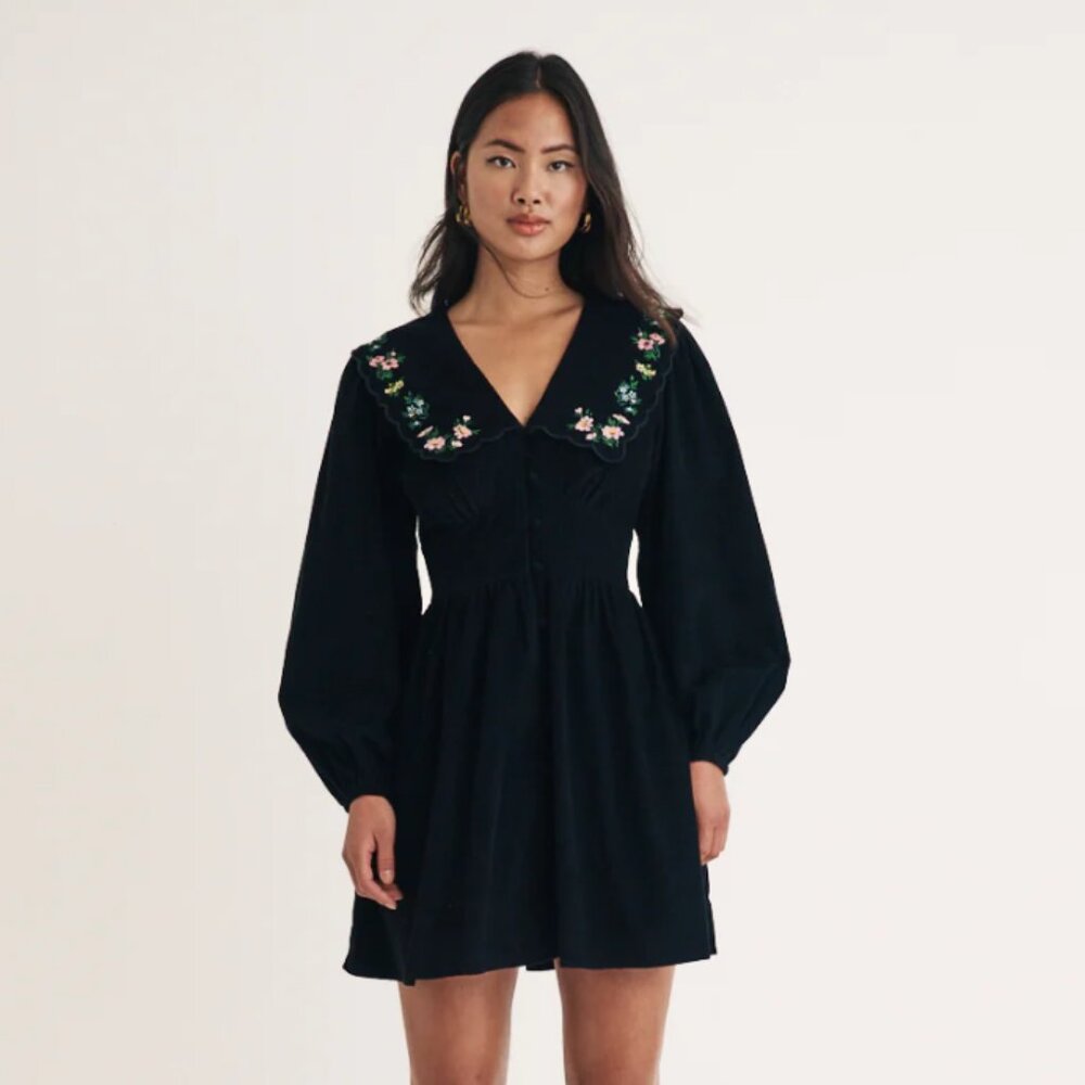 Nobody's Child Black Cord Floral Embroidered Birdie Mini Dress Size 14 NWOT